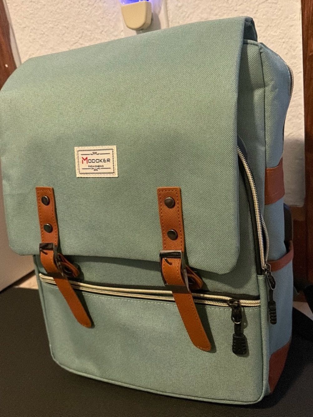 Mint Green Canvas Backpack with Brown Accents